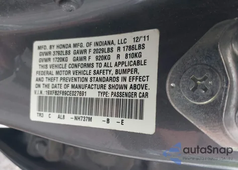2012 Honda Civic Ex from USA, damaged, VIN 19XFB2F89CE027691